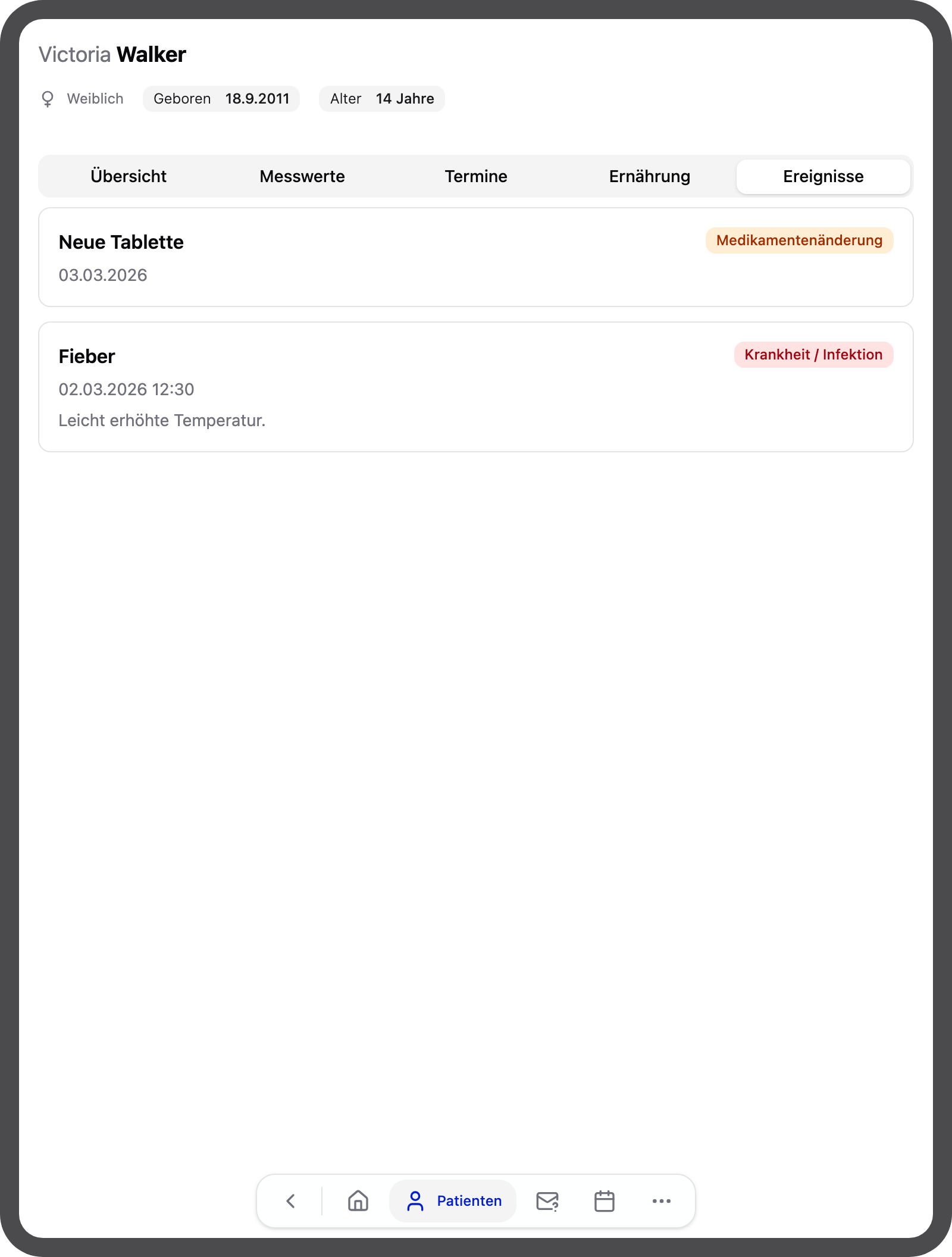 Patient:in — Ereignisse